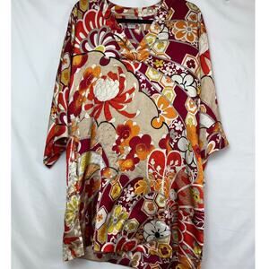 Natori Women's Size Med Red/Orange Floral Print 3/4 Sleeve Kimono Tunic V-Neck